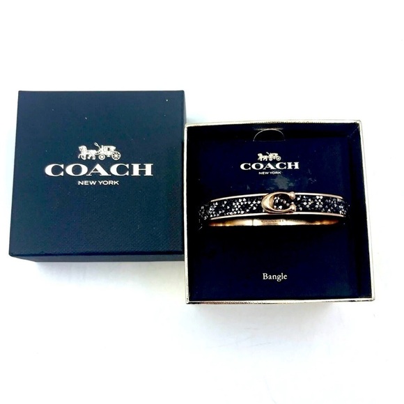 NIB COACH Logo Hinged Bangle Bracelet Rose Gold Tone Black Sprinkle Stone Druzy - Picture 1 of 12